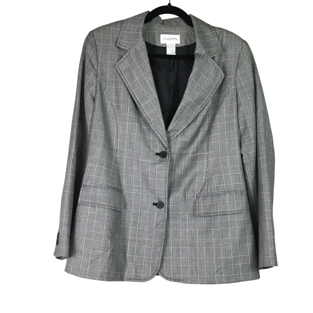 Chadwick's Glen Plaid Wool Blend Blazer 12 Grey Black